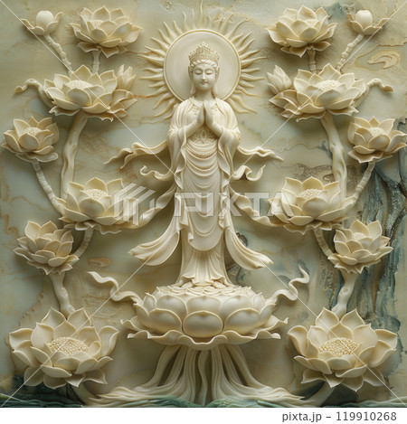 A marble statue of a serene Bodhisattva standing in meditation on a huge lotus A marble statue of a serene Bodhisattva standing in meditation on a huge lotus 119910268