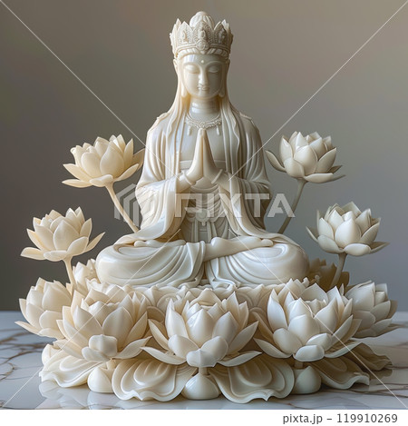 Figurine of a meditating Buddha surrounded by lotus flowers Figurine of a meditating Buddha surrounded by lotus flowers 119910269