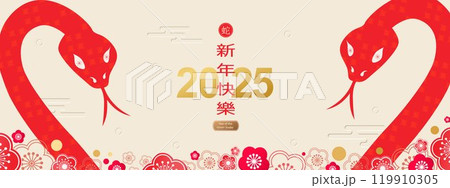2025 Chinese New Year, Year of the Snake, banner template design with modern geometric style, snake and traditional patterns. Translation from Chinese Happy New Year, snake symbol. 119910305