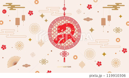 Chinese New Year 2024, Year of the Dragon, zodiac. Banner template for Chinese New Year design with medallion and traditional patterns. Minimalistic style. Vector Chinese New Year 2024, Year of the Dragon, zodiac. Banner template for Chinese New Year design with medallion and traditional patterns. Minimalistic style. Vector 119910306