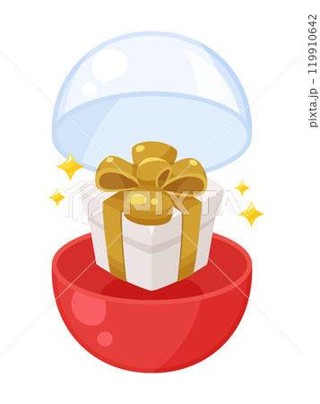 カプセルトイのカプセルが開いてプレゼントの箱が出てきたイラスト カプセルトイのカプセルが開いてプレゼントの箱が出てきたイラスト 119910642