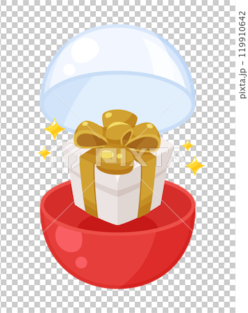 カプセルトイのカプセルが開いてプレゼントの箱が出てきたイラスト カプセルトイのカプセルが開いてプレゼントの箱が出てきたイラスト 119910642