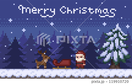 クリスマスの夜、雪が降る森に佇むサンタクロースとトナカイのドット絵イラスト 119910720