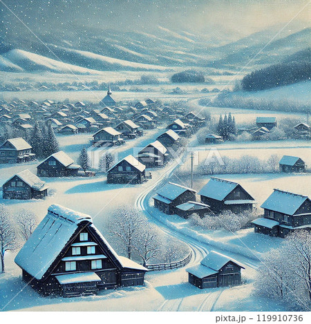 神秘的な雪国の村の風景画 119910736