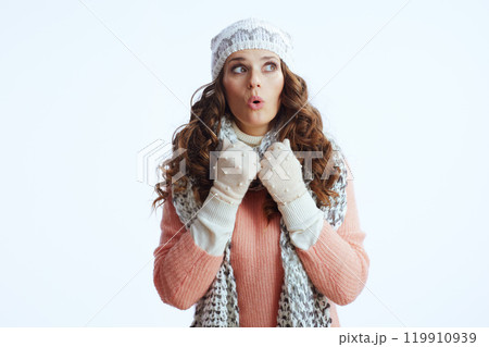 surprised trendy female looking on copy space surprised trendy female looking on copy space 119910939