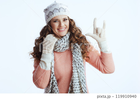 smiling woman on showing love gesture in sign language smiling woman on showing love gesture in sign language 119910940