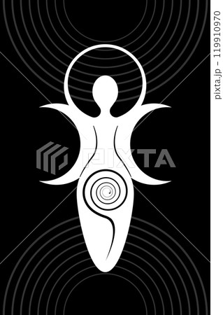 Wiccan Woman Logo triple moon goddess, spiral of fertility, Pagan Symbols, cycle of life, death and rebirth. Wicca mother earth symbol of sexual procreation, white vector sign icon isolated on black 119910970