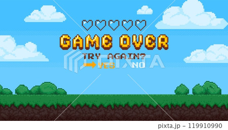 Pixel game over background. Retro 8 bit video games screen with empty hearts. Arcade interface landscape with choice buttons and score information. Vector concept banner 119910990