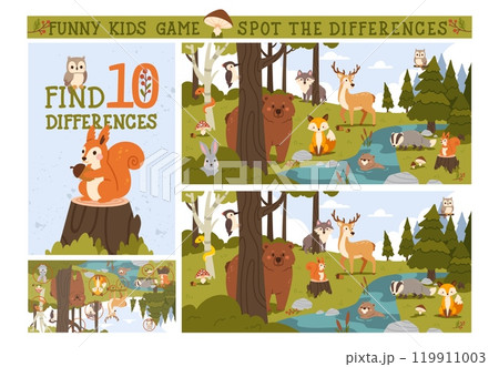 Find differences game. Kids game with forest animal. Funny education game for children. Printable page with puzzle. Autumn woodland scene with animals. Vector concept Find differences game. Kids game with forest animal. Funny education game for children. Printable page with puzzle. Autumn woodland scene with animals. Vector concept 119911003
