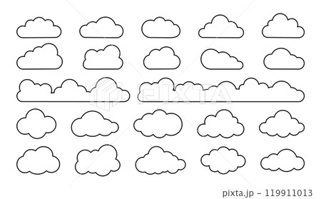 Line cloud. Simple sky outline clouds. Abstract comic cloudy different shapes. Puffy, fluffy and cumulus cloudscape icons. Childish weather black strokes vector elements set Line cloud. Simple sky outline clouds. Abstract comic cloudy different shapes. Puffy, fluffy and cumulus cloudscape icons. Childish weather black strokes vector elements set 119911013
