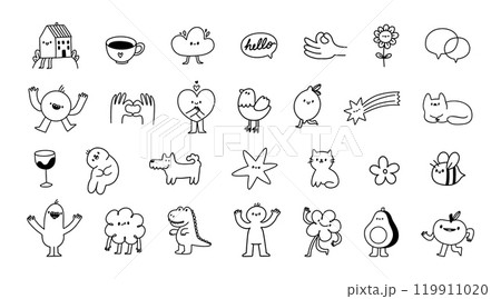 Cute doodle. Abstract sketch little tattoo. Simple kid line illustration. Hand drawn decorative black funny characters for branding, prints, stickers. Vector set 119911020