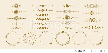 Celestial dividers. Decorative sun and moon border. Magic text decor divider and frame with astrology mystical stars, moon phase, shining sun. Fantasy vector elements 119911024