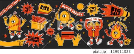 Retro sale shopping stickers. Black Friday characters. Vintage promotion, advertising, social media design. Funky groovy marketing visuals mascot vector patches Retro sale shopping stickers. Black Friday characters. Vintage promotion, advertising, social media design. Funky groovy marketing visuals mascot vector patches 119911028