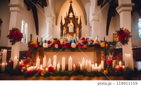 The altar is Mexican, decorated with flowers and candles for the celebration. 119911159
