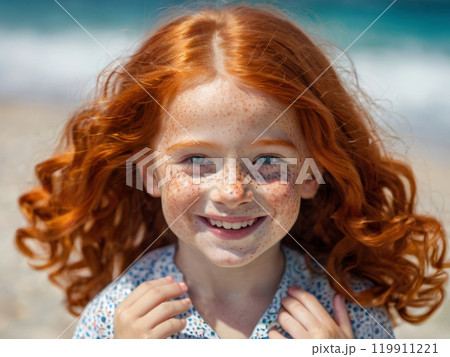 Portrait of a little red-haired girl with freckles on the seashore. 119911221