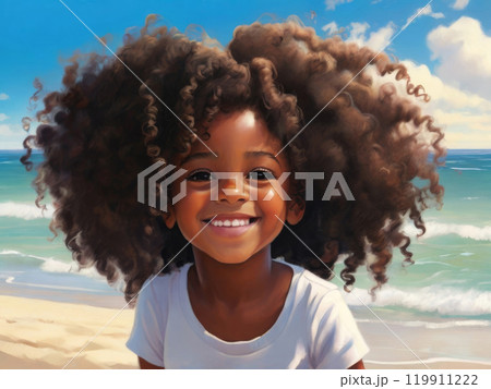 Portrait of an African American 7 year old child having fun on the beach during vacation. 119911222
