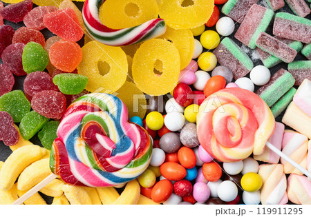 Mix of colorful candies . Top view 119911295
