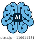 Artificial intelligence concept illustrated as a blue brain with interconnected nodes representing digital technology and innovation 119911381