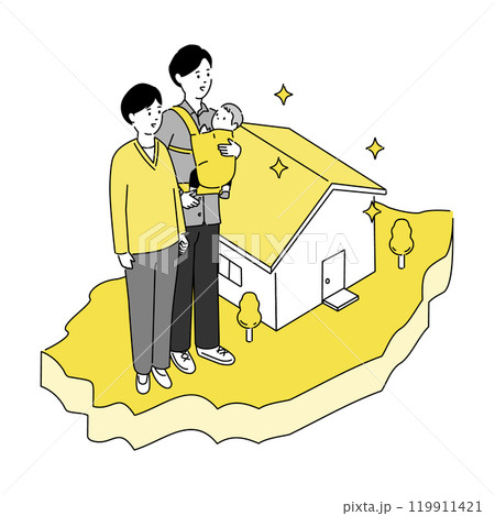 岩手県の地図と若い家族・家のイラスト、ベクター 岩手県の地図と若い家族・家のイラスト、ベクター 119911421
