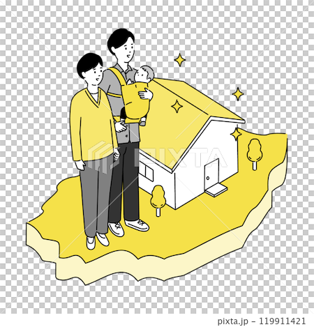 岩手県の地図と若い家族・家のイラスト、ベクター 岩手県の地図と若い家族・家のイラスト、ベクター 119911421