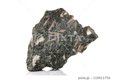 Macro stone mineral Diopside Calcite Magnetite on a white background Macro stone mineral Diopside Calcite Magnetite on a white background 119911750