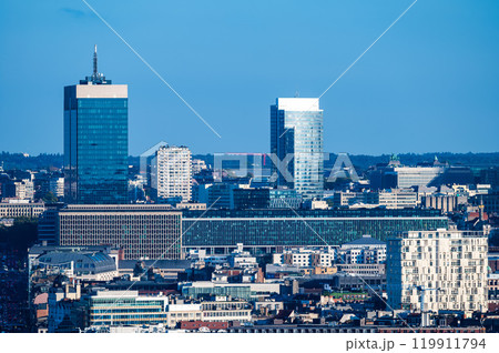 High angle panorama over the Brussels skyline with the finance tower and the business district, Brussels Capital Region, Belgium, OCT 24, 2024 119911794
