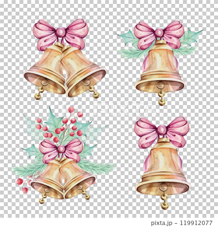 Watercolor christmas set of jingle golden bells with bow, with holly green leaves, red berries and fir. Isolated. Winter composition, decor. Illustration hand drawn for design, printing, greeting 119912077