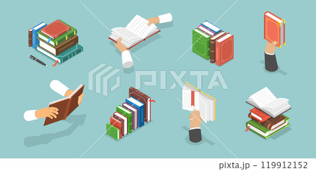 3D Isometric Flat Vector Illustration of Hands with Books, Studing and Education, Literature and Reading 119912152
