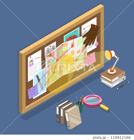3D Isometric Flat Vector Illustration of Crime Investigation, Detective Board with Pins and Evidence 119912166