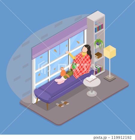 3D Isometric Flat Vector Illustration of Moments Of Relaxation, Woman Creates A Cozy Autumn Atmosphere By Sipping Tea And Relaxing Comfortably At Home 3D Isometric Flat Vector Illustration of Moments Of Relaxation, Woman Creates A Cozy Autumn Atmosphere By Sipping Tea And Relaxing Comfortably At Home 119912192
