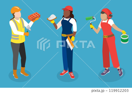3D Isometric Flat Vector Illustration of Female Repairman , Painter Professional at Work 3D Isometric Flat Vector Illustration of Female Repairman , Painter Professional at Work 119912203