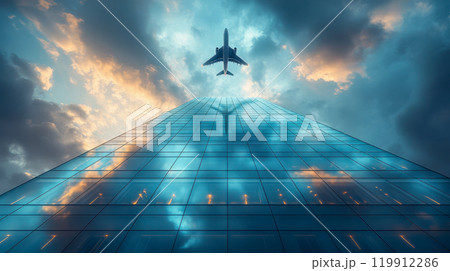 A high-rise glass building with an airplane flying overhead against a dramatic cloudy sky, symbolizing travel and modern architecture A high-rise glass building with an airplane flying overhead against a dramatic cloudy sky, symbolizing travel and modern architecture 119912286