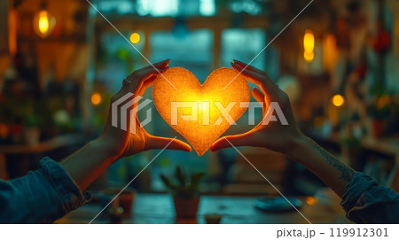 Hands holding a glowing heart shape, symbolizing love, indoors with warm ambient lighting 119912301