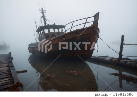 Abandoned old rusty small ship 119912590