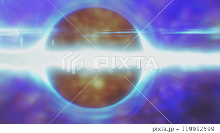 Abstract glowing object resembling a black hole surrounded by bright light in a deep blue space Abstract glowing object resembling a black hole surrounded by bright light in a deep blue space 119912599