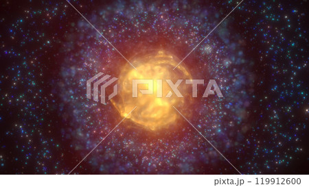 A golden, luminous nebula sphere with surrounding star-like particles in a cosmic space scene, exuding warmth and mystique background 119912600