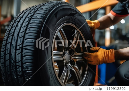 Mechanic installing new car tire on alloy wheel in auto repair shop 119912892