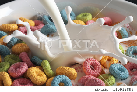 Milk splashing into colorful cereal rings in a bowl, breakfast delight 119912893