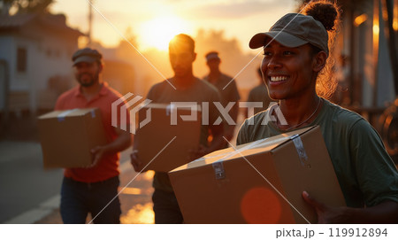 Volunteers bringing boxes of food and water to people in need after natural disaster 119912894