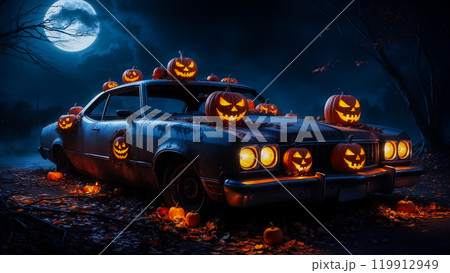 Abandoned car covered in jack o' lanterns celebrating halloween under full moon 119912949