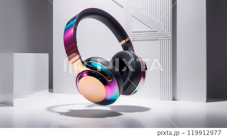 Modern wireless headphones floating on white minimalist background Modern wireless headphones floating on white minimalist background 119912977