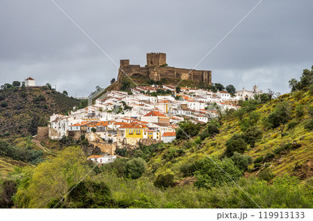 View of the river Guadiana and the village of Mertola. Alentejo Region. Portugal 119913133