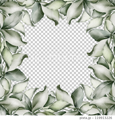 Watercolor invitation green leaves. Hand drawn of botanical background on for greeting cards or invitations on Valentines Day. Elegant, sumptuous framework for Wedding cards. 119913226