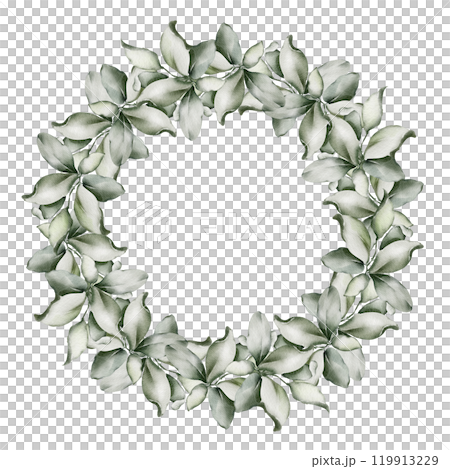 Green Wreath with leaves on isolated background. Watercolor Drawing of round Frame for wedding greeting cards or invitations. Botanical decoration for holiday and Event Invitations. Herbal chaplet. Green Wreath with leaves on isolated background. Watercolor Drawing of round Frame for wedding greeting cards or invitations. Botanical decoration for holiday and Event Invitations. Herbal chaplet. 119913229