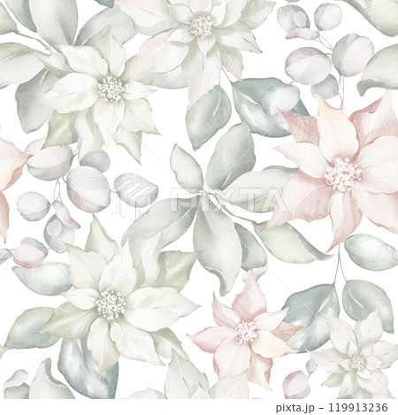 Flower Christmas watercolor pattern. Seamless hand-drawn print of holiday flowers. Poinsettia, eucalyptus and green leaves. Tropical design and foliage garden. 119913236