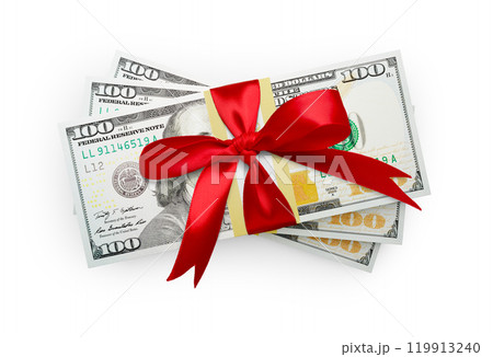 Thirty Thousand Dollars Stack of One Hundred Dollar Bills Wrapped in a Red Bow Isolated on a White Background. 119913240