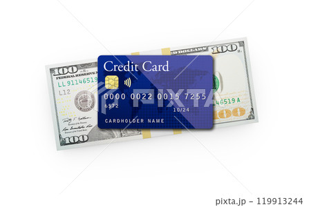 Ten Thousand Dollars Stack of One Hundred Dollar Bills with a Credit Card on Top Isolated on a White Background. 119913244