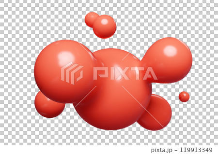 Red abstract liquid metaball shape. 3d render illustration of fluid soft bubble blob. Organic bright decorative sphere geometric form. Morphing ball aqua drop or molecule. Flow particles. Red abstract liquid metaball shape. 3d render illustration of fluid soft bubble blob. Organic bright decorative sphere geometric form. Morphing ball aqua drop or molecule. Flow particles. 119913349