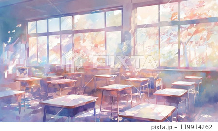 日本の学校教室｜桜が咲く春の光に包まれた静かな教室風景 119914262