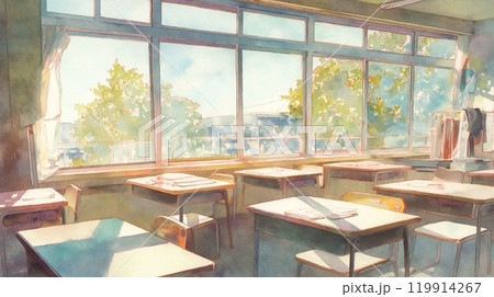 日本の学校教室|窓からの緑と柔らかな光に包まれた穏やかな教室風景 日本の学校教室|窓からの緑と柔らかな光に包まれた穏やかな教室風景 119914267